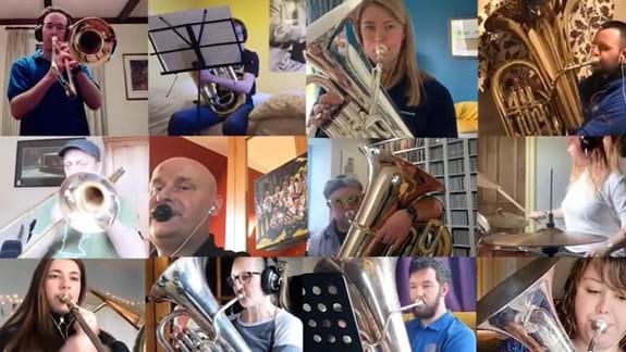 A collage of many people playing brass instuments