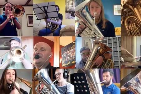 A collage of many people playing brass instuments